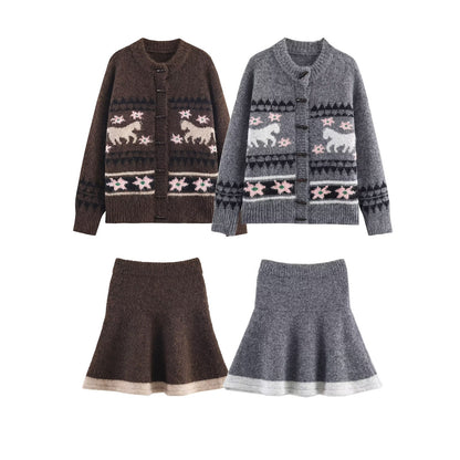 Women's Two-Piece Knit Set with Norwegian Pattern Cardigan and Flared Skirt EVA-US