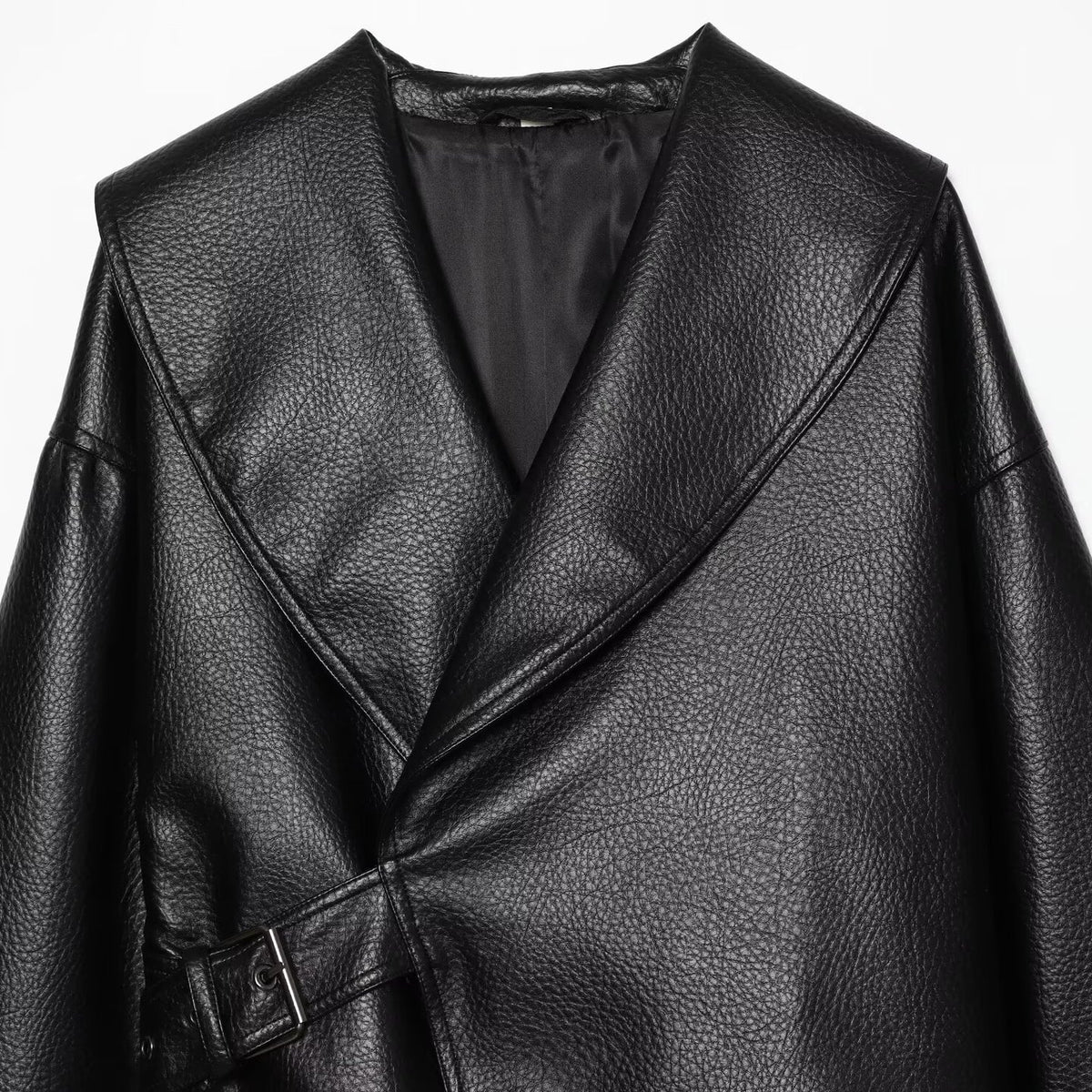 Women's Cropped Leather-Look Jacket with Oversized Shawl Collar and Tailoring Buckle Belt EVA-US
