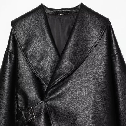 Women's Cropped Leather-Look Jacket with Oversized Shawl Collar and Tailoring Buckle Belt EVA-US