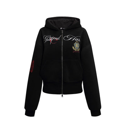 Women's Short-Cut Zip Hoodie made of French Terry with Polka Dot Hood Lining and Emblem Stitch EVA-US