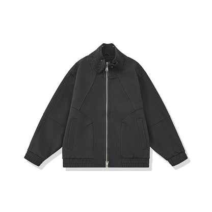 Unisex Boxy Knit Mix Transition Jacket with High Ribbed Collar and Elastic Hem EVA-US
