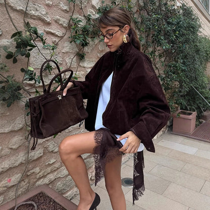 Women's short cut suede leather blouson with high stand-up collar, boxy oversized silhouette and concealed zipper EVA-US