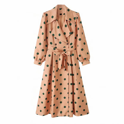 Women's Trench Coat Midi Dress with Waist Belt, Double Breasted and Puff Sleeves EVA-US