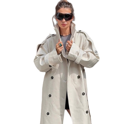 Women's waistless long trench coat in oversized cut with double button placket and shoulder flaps EVA-US