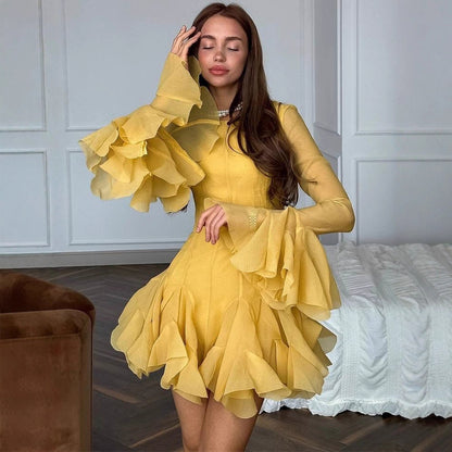 Women Ruffle Chiffon Mini Dress with Ruffles and Transparent Sleeves EVA-US