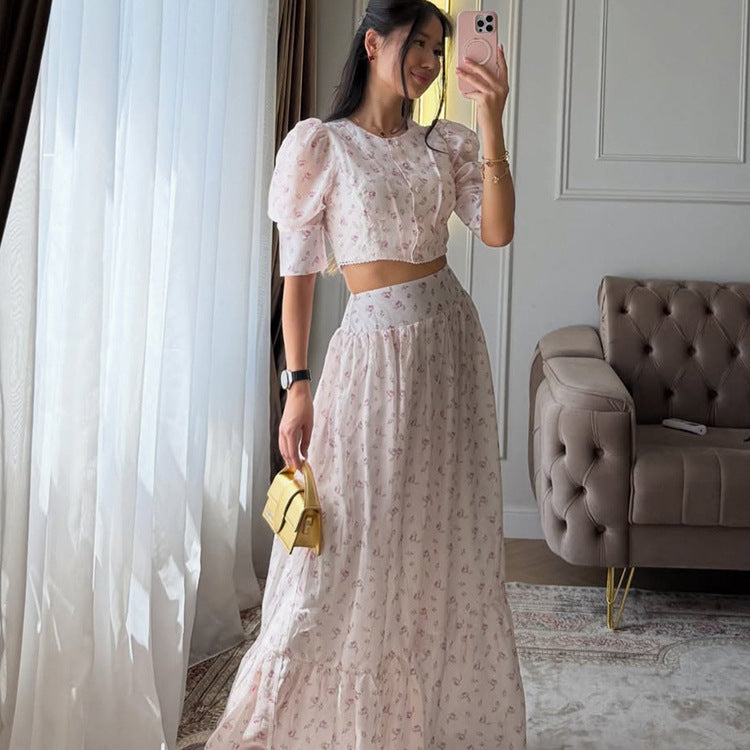 Women's Two-Piece Chiffon Set with Cropped Puff Blouse and Tiered Maxi Skirt EVA-US
