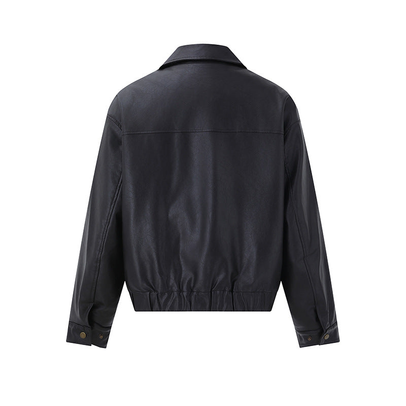 Men's Short Boxy Leather Blouson with Flap Pockets and Elastic Waistband EVA-US