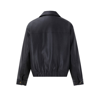 Men's Short Boxy Leather Blouson with Flap Pockets and Elastic Waistband EVA-US