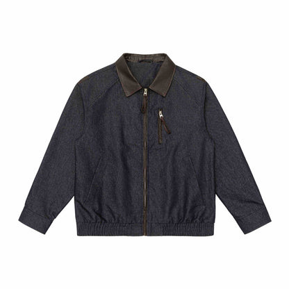 Men's short jacket in boxy cut made of wool-denim mix with leather-trimmed collar and vertical zippered chest pocket EVA-US