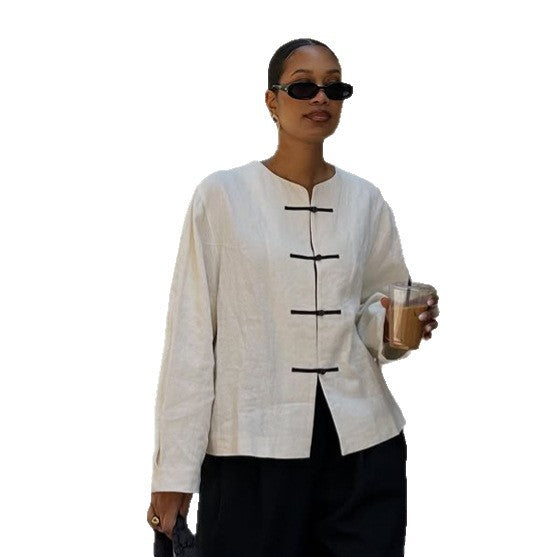Women's Boxy Linen Blouse with Toggle Closures and Asymmetrical Hem EVA-US