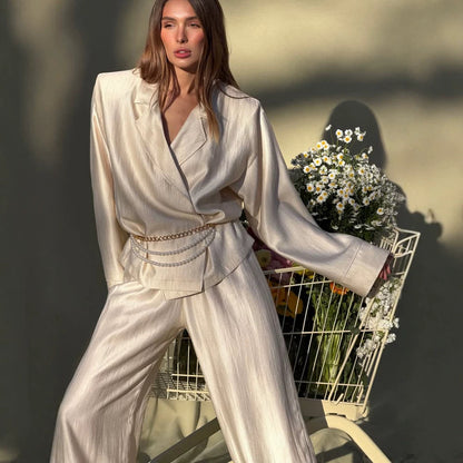 Ladies' satin two-piece with wrap blouse, wide trousers and elastic waistband EVA-US