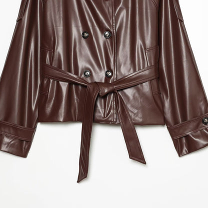 Women's Cropped Faux Leather Jacket with High Collar and Waistband EVA-US