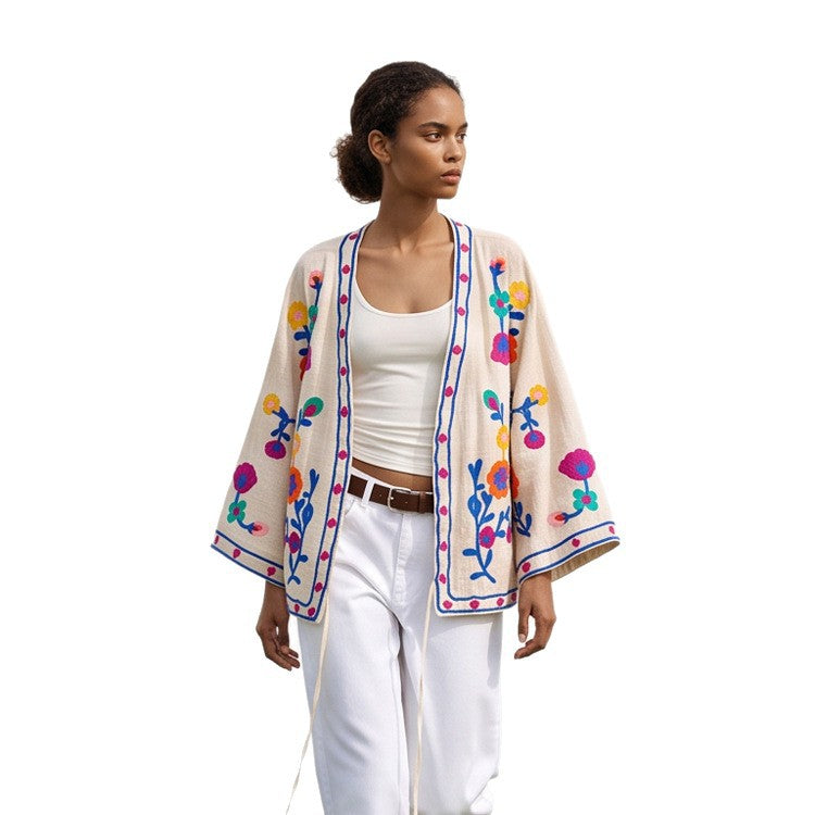 Women embroidered linen wrap jacket with folkloric flower appliqués EVA-US
