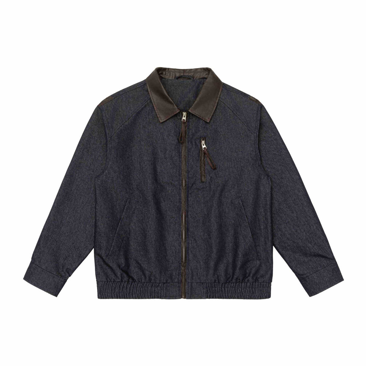 Men's short jacket in boxy cut made of wool-denim mix with leather-trimmed collar and vertical zippered chest pocket EVA-US