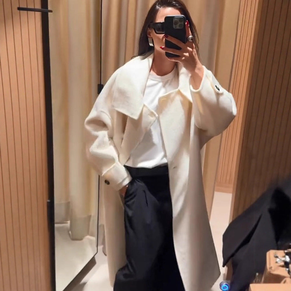 Women's Oversize Wool Blend Coat with Asymmetrical Cut and High Stand Collar EVA-US