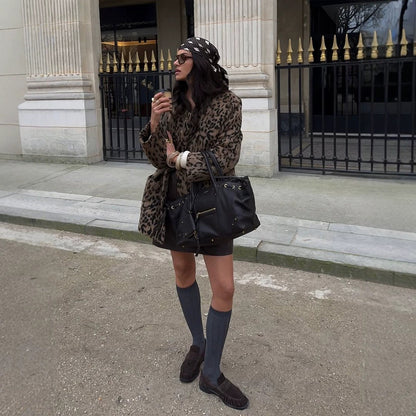 Women's Short Cut Faux Fur Coat with Leopard Print and Boxy Silhouette EVA-US