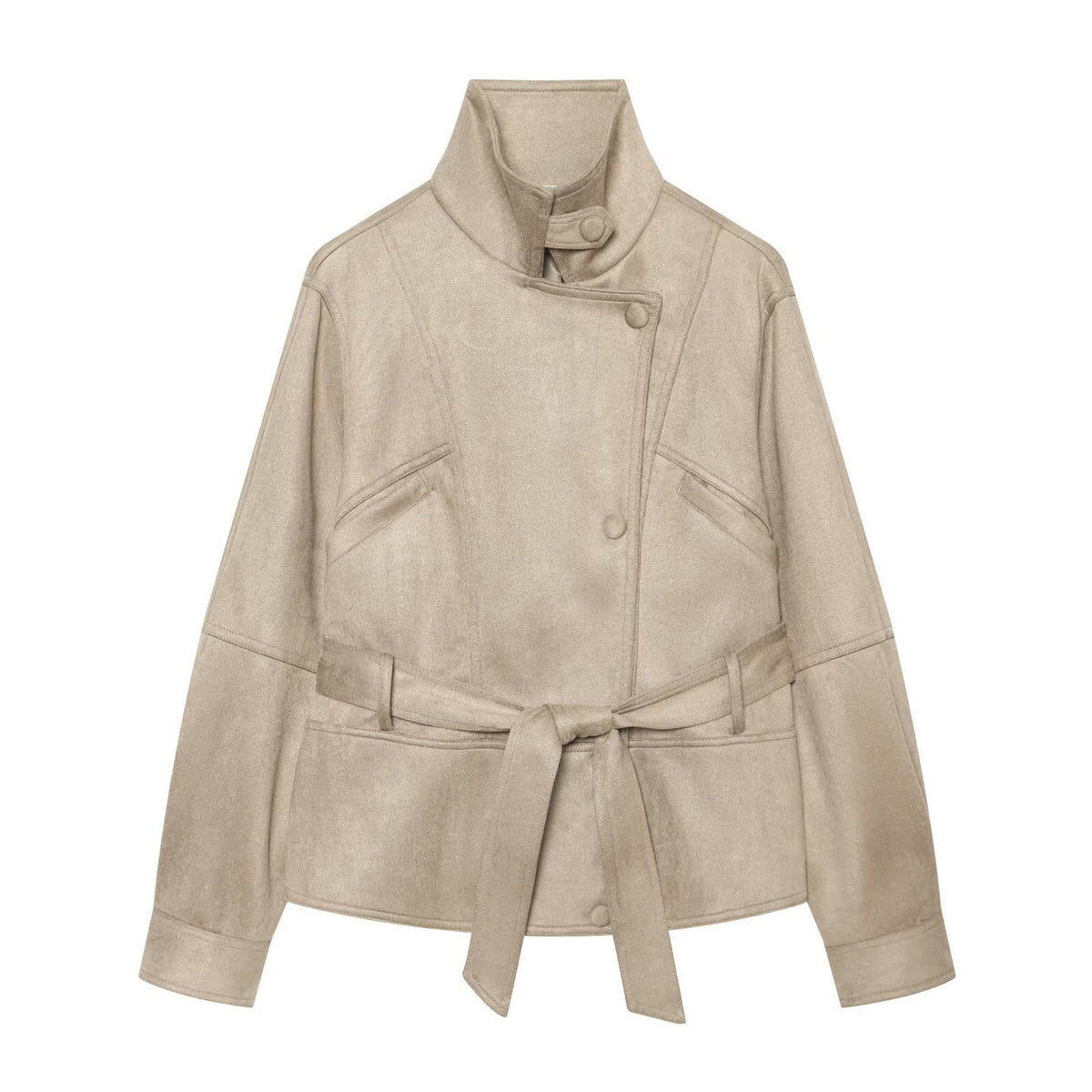Women's tailored short jacket made of soft suede imitation with asymmetrical button placket and tie belt EVA-US