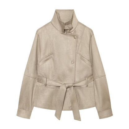 Women's tailored short jacket made of soft suede imitation with asymmetrical button placket and tie belt EVA-US