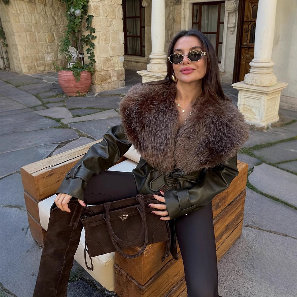 Women's tailored faux leather jacket with voluminous faux fur shawl collar and tie belt EVA-US