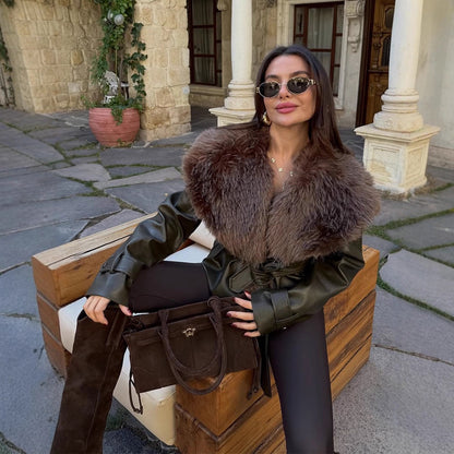Women's tailored faux leather jacket with voluminous faux fur shawl collar and tie belt EVA-US