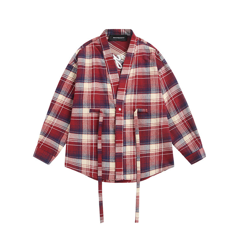Women's Oversize Check Shirt Jacket with Kimono Cut, Drawstring Ties, and Patch Pockets