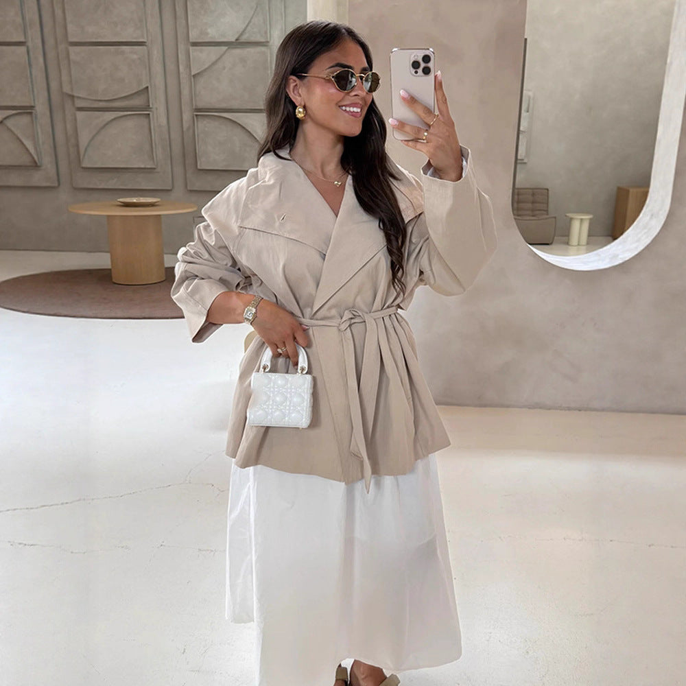 Women's wrap short jacket with tie belt, dropped shoulder and boxy silhouette EVA-US