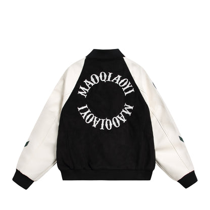 Unisex varsity bomber jacket in material mix with embroidery and application details EVA-US