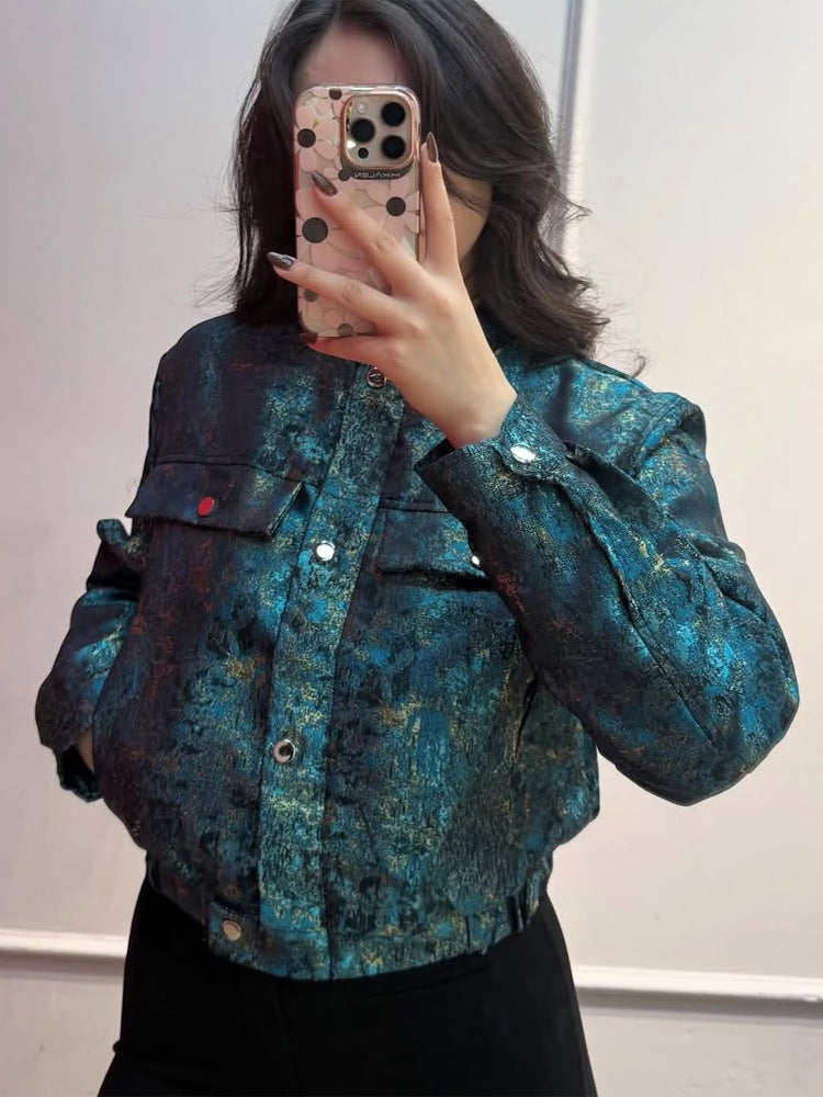 Women's Short Jacket in Metallic Jacquard with Snap Button Placket and Flap Pockets EVA-US