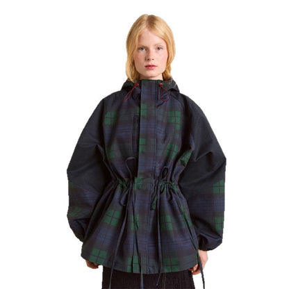 Women's Oversized Jacket in a Casual Check Design with Practical Pockets and Waist Drawstring EVA-US