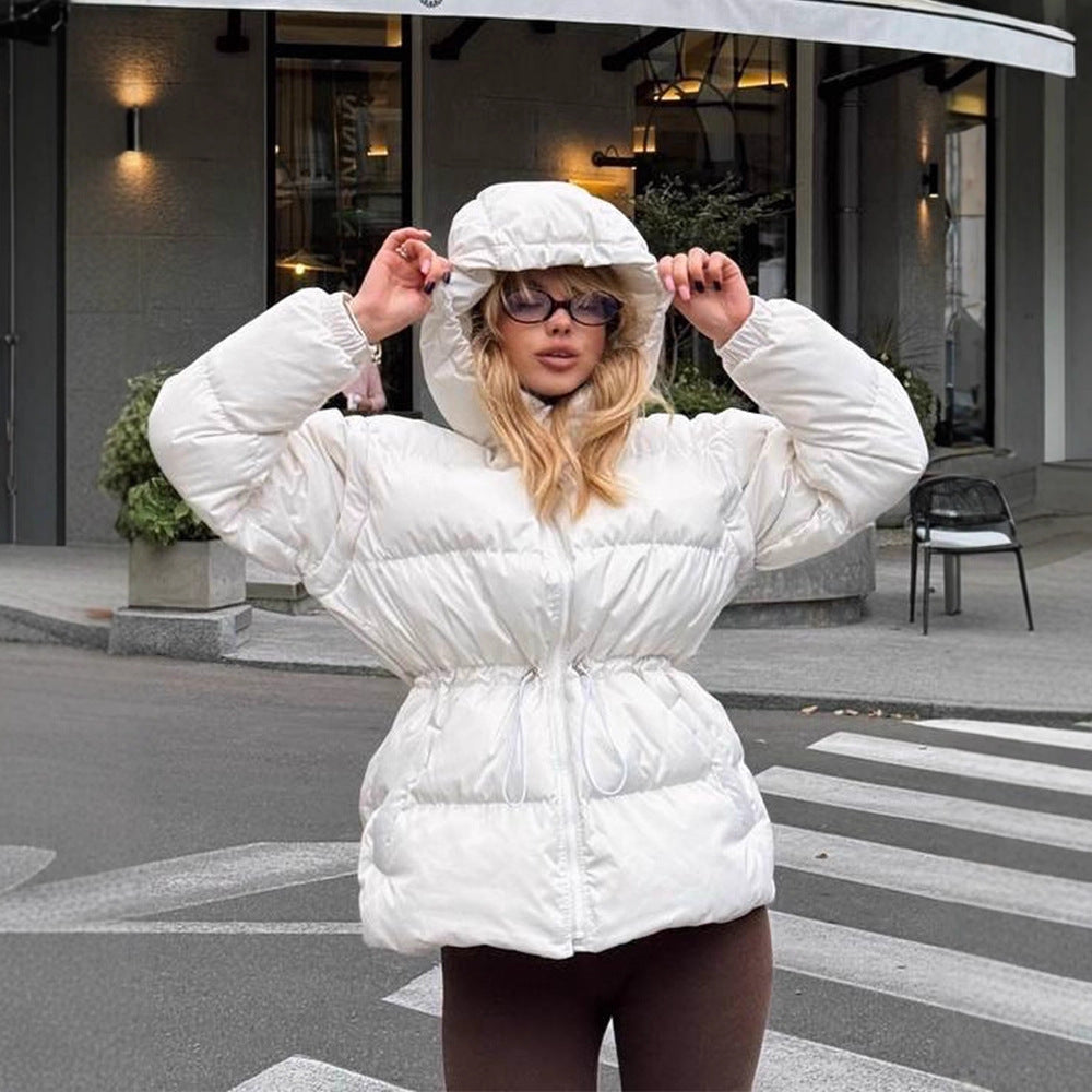 Women Padded Hooded Quilted Jacket with Waist Drawstring and Boxy Sleeves EVA-US