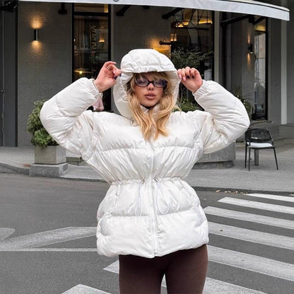 Women Padded Hooded Quilted Jacket with Waist Drawstring and Boxy Sleeves EVA-US