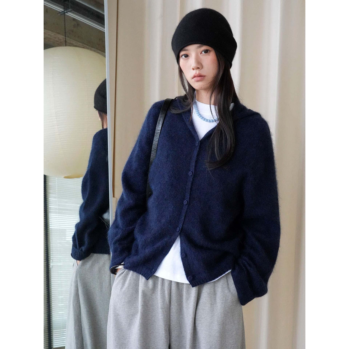 Women Soft Mohair Blend Hooded Button Cardigan with Relaxed Fit EVA-US