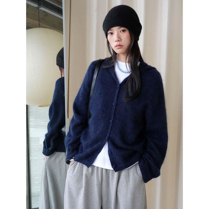 Women Soft Mohair Blend Hooded Button Cardigan with Relaxed Fit EVA-US