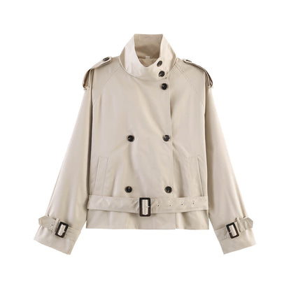Women's Short Double-Breasted Waist Belt Trench Coat with High Funnel Collar and Shoulder Straps EVA-US
