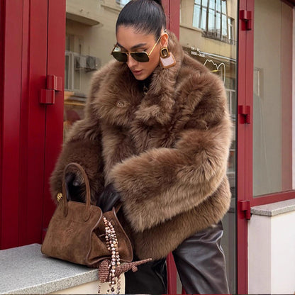 Women's short jacket in teddy style with voluminous shawl collar and soft faux fur texture EVA-US