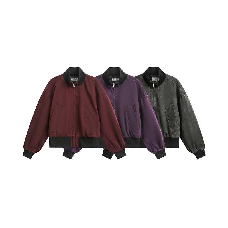 Unisex Short Cut Satin Bomber in Boxy Cut with Contrasting Ribbed Collar and Balloon Sleeves EVA-US