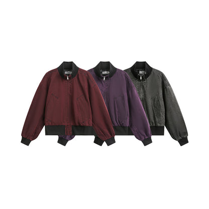 Unisex Short Cut Satin Bomber in Boxy Cut with Contrasting Ribbed Collar and Balloon Sleeves EVA-US
