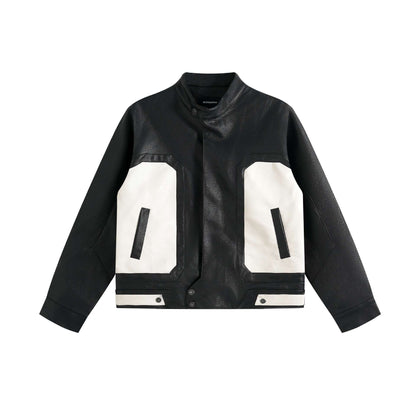 Unisex Boxy-Colorblock-Bomber Jacket in Leather Look with High Stand-up Collar EVA-US