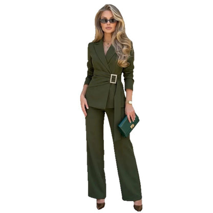 Ladies fitted wrap blazer with pearl belt buckle and slim suit trousers EVA-US