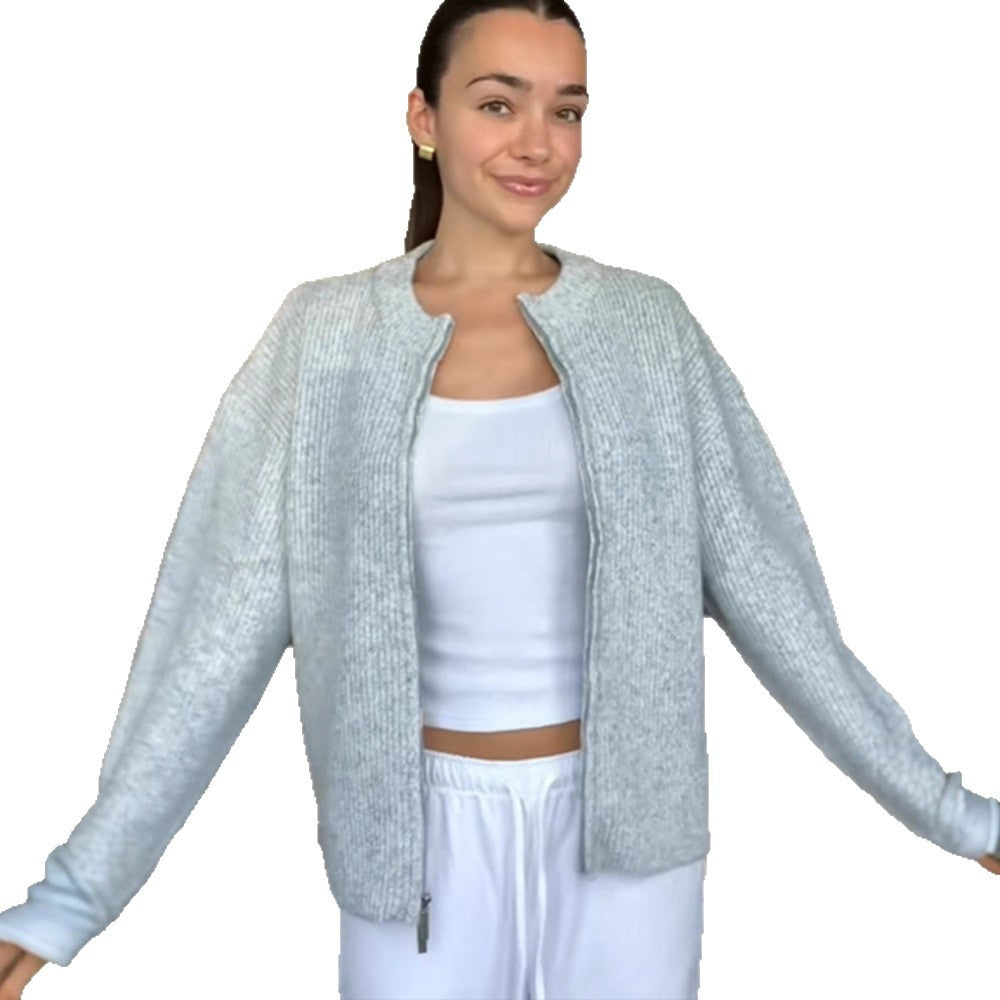 Women Chunky Knit Zipper Cardigan with Oversized Cut EVA-US
