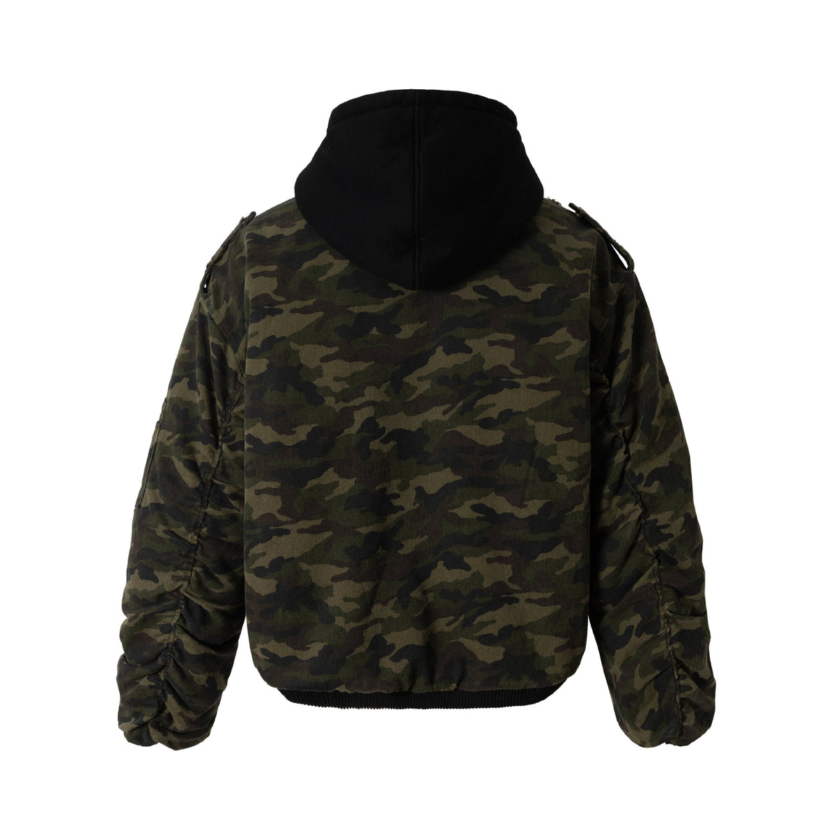 Men's Camouflage Utility Bomber Jacket with Hood, Distressed Details and Hook Closure EVA-US