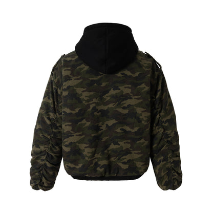Men's Camouflage Utility Bomber Jacket with Hood, Distressed Details and Hook Closure EVA-US