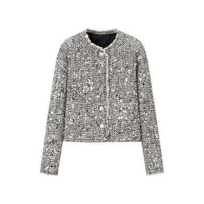 Women's short jacket in bouclé style with sequin trim and mother-of-pearl buttons EVA-US