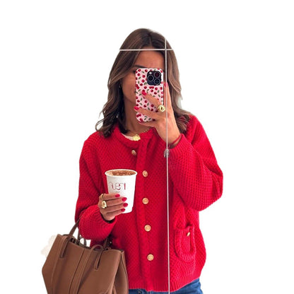 Women Structured Knit Cardigan with Cable Pattern and Golden Decorative Buttons EVA-US