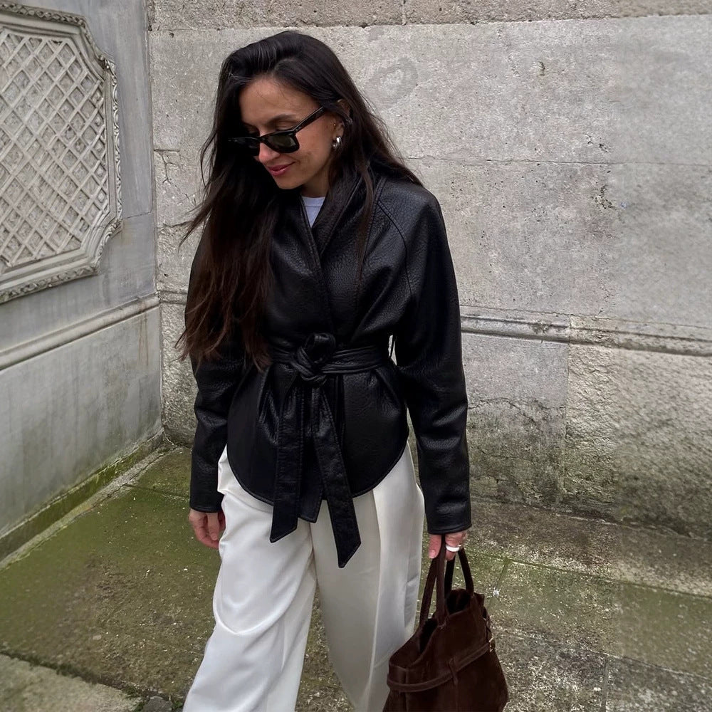 Women's Tailored Wrap Blouson in Structured Leather Look with Tie Belt EVA-US