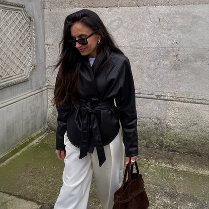 Women's Tailored Wrap Blouson in Structured Leather Look with Tie Belt EVA-US