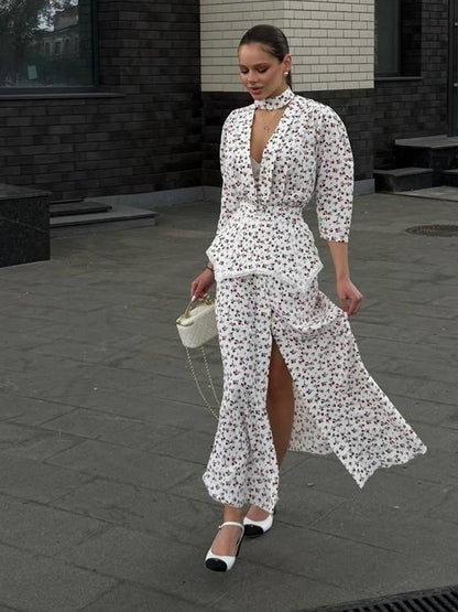 Women's Two-Piece Blouse Set with Deep V-Neck, Tailored Peplum, and Wide Palazzo Trousers EVA-US