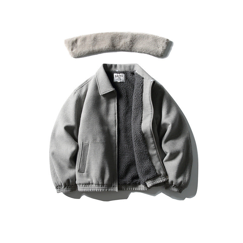 Men's Short Boxy Wool Blend Pilot Jacket with Faux Fur Collar and Elastic Hem EVA-US
