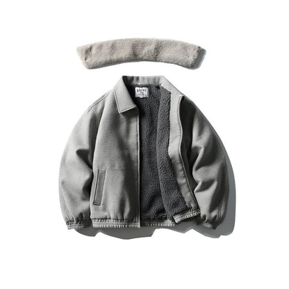Men's Short Boxy Wool Blend Pilot Jacket with Faux Fur Collar and Elastic Hem EVA-US