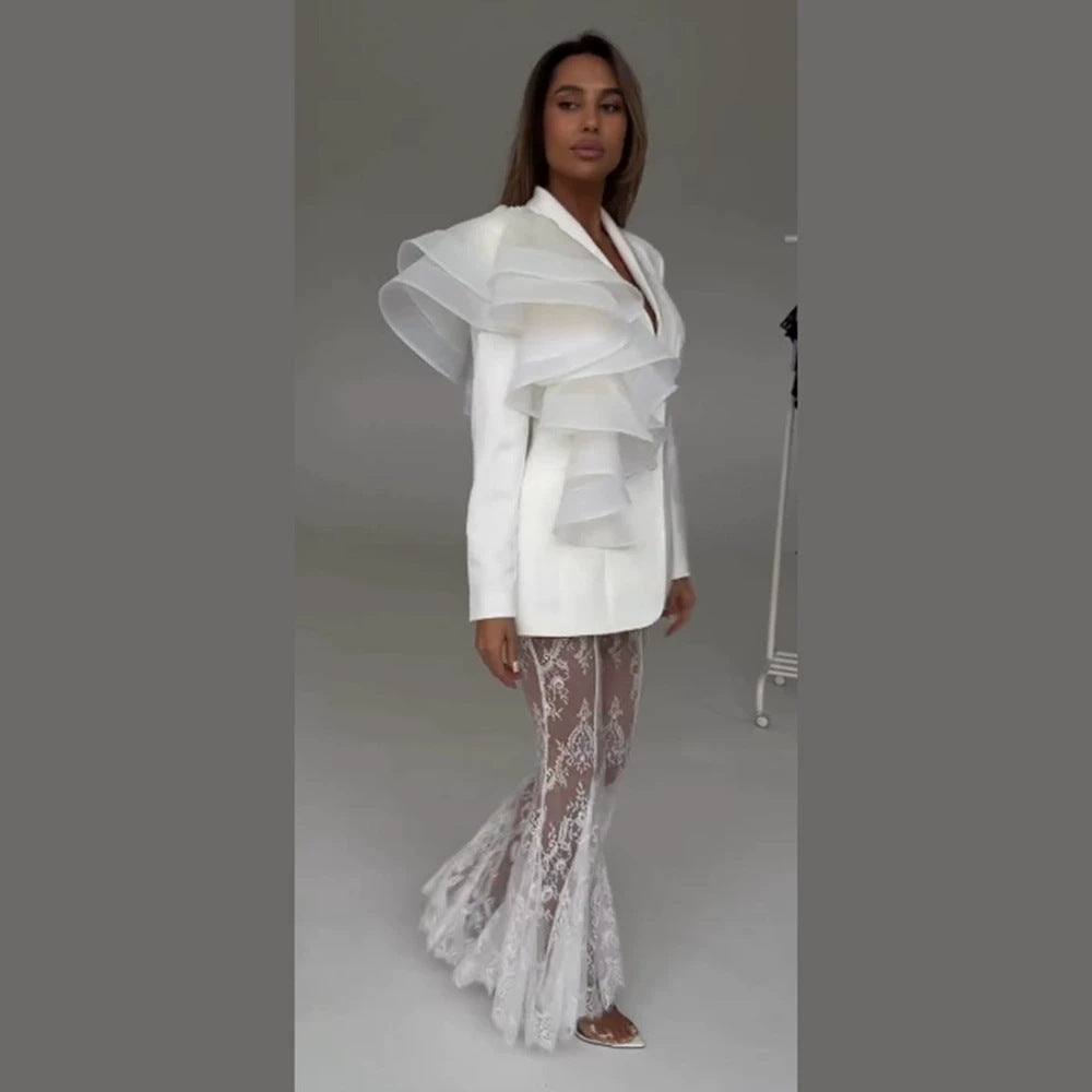 Women's tailored blazer with asymmetric organza ruffle EVA-US
